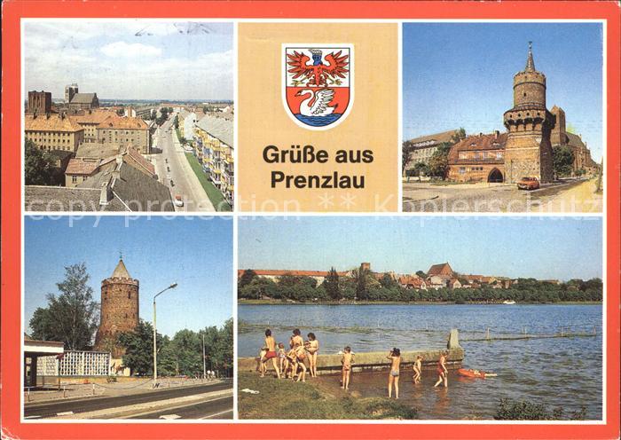 Prenzlau Blick vom Steintor Mitteltorturm Blindower Torturm Badestelle Uckersee