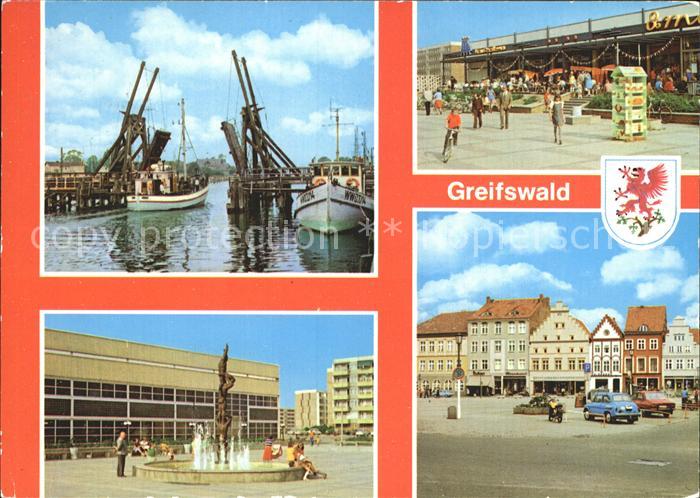 Greifswald Mecklenburg Vorpommern Wiecker Klappbruecke Kaufhalle 8. Mai Plastik