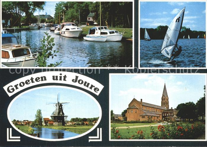 Joure Bootsliegeplatz Windsurfer Muehle Kirche