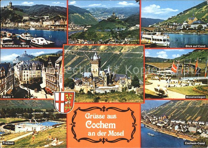 Cochem Mosel Moselanlagen Blick auf Cond Yachthafen Markt Freibad
