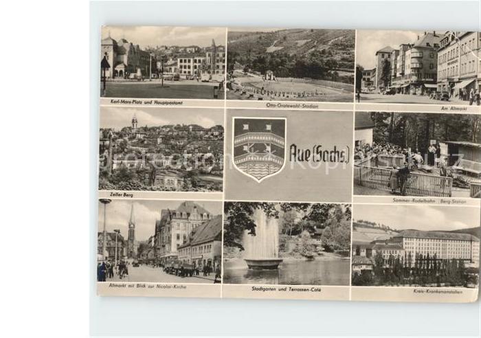 Aue Erzgebirge Karl Marx Platz und Hauptpostamt Otto Grotewohl Stadion Sommer Ro