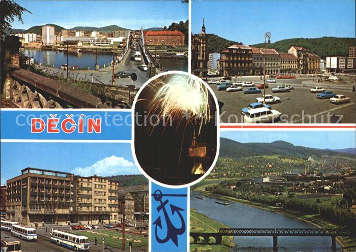 Decin Boehmen Kirche Marktplatz Schloss Nacht Elbe