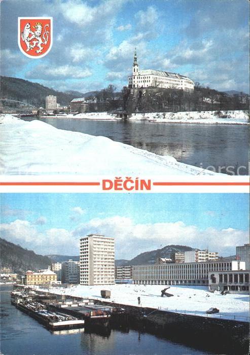 Decin Boehmen Schloss Schiffanlegestelle Elbe Winter