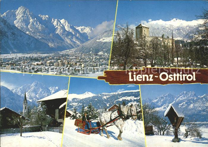 Lienz Tirol Burg Ortsansicht Pferdeschlitten Kirche Marterl