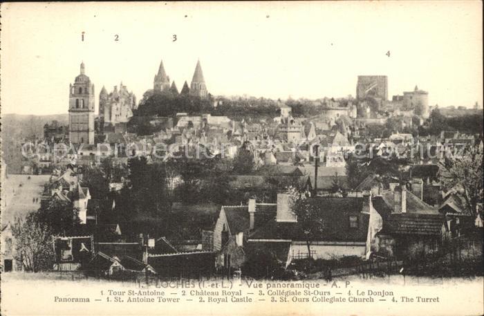 Loches Indre et Loire Vue panoramique Tour St Antoine Chateau Royal Collegiale S