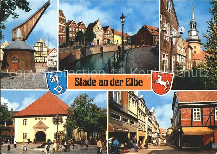 Stade Niederelbe Holzretkran Fachwerkhaeuser Kirche Zeughaus Fussgaengerzone