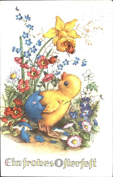 Ostern Easter Paques Kueken Marienkaefer Narzisse Primeln Vergissmeinnicht