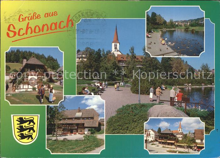 Schonach Schwarzwald Teilansichten Luftkurort und Wintersportplatz Kirche Teich
