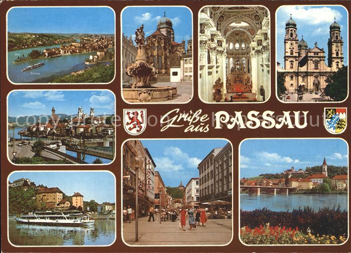 PAssAU Bayern Dreifluessestadt Brunnen Dom Fussgaengerzone Bruecke Dampfer