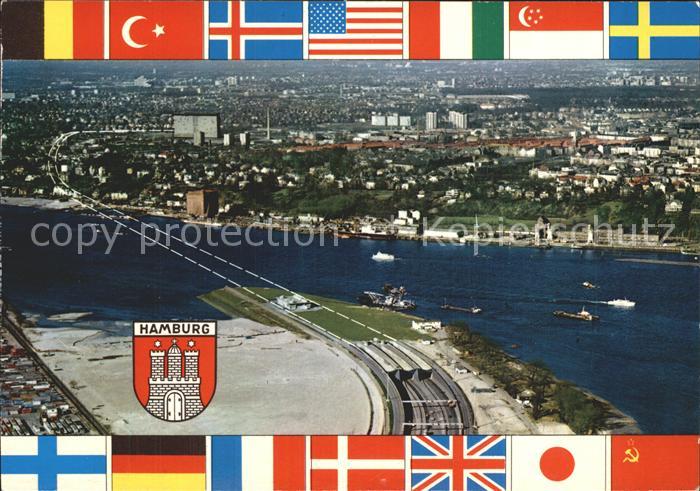 HAMBURG CITY Neuer Elbtunnel Fliegeraufnahme Nationalfahnen