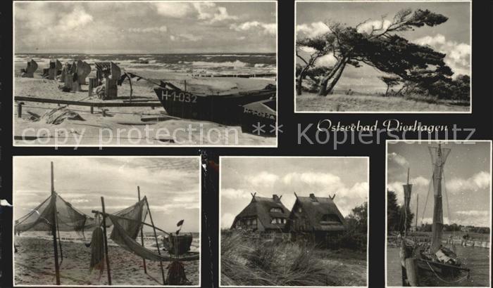 Dierhagen Ostseebad Strand Boote Haeuser Fischernetze