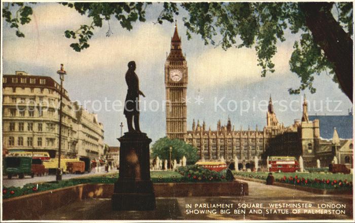 London In Parliament Square Westminster Showing Big Ben and Statue of Palmerston