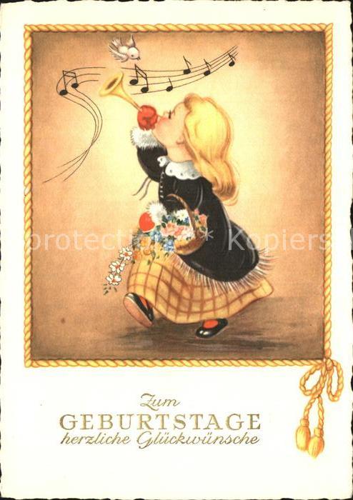 Geburtstag Kind Maedchen Trompete Vogel Blumen