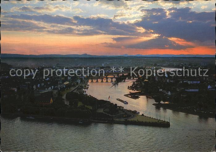 Koblenz Rhein Das Deutsche Eck Fliegeraufnahme bei Sonnenuntergang