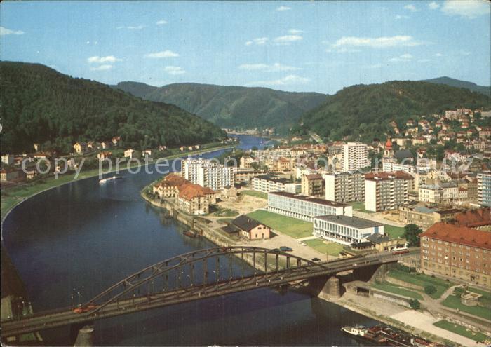 Decin Boehmen Panorama Elbebruecke Mittelgebirge