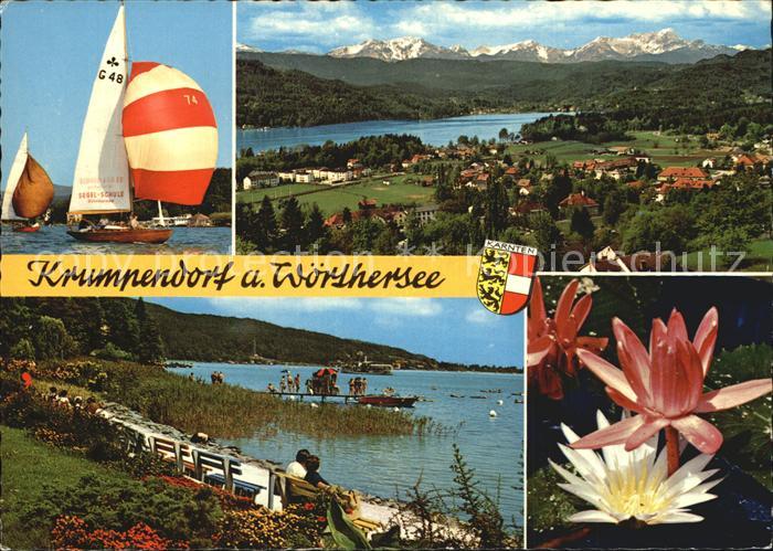 Krumpendorf Woerther See Panorama Karawanken Seepromenade Segelboot Teichrose