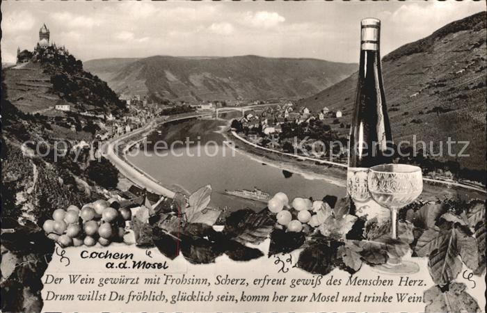Cochem Mosel Panorama Moseltal Reichsburg Weintrauben Weinflasche Trinkspruch We