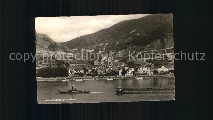 Assmannshausen Ortsansicht von Rheinseite Schlepper Kahn Binnenschiffahrt