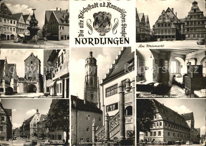 Noerdlingen Kriegerbrunnen Weinmarkt Tuermerstuebchen im Daniel Kirchturm Berger