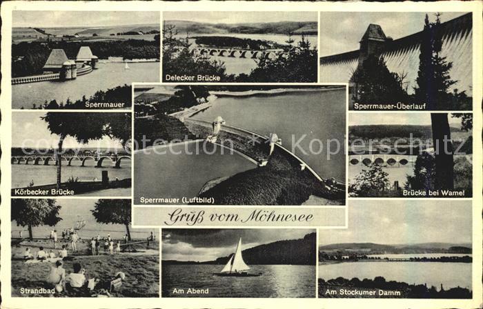 Moehnesee Fliegeraufnahme Bruecke bei Wamel Sperrmauer Delecker Bruecke Strandba