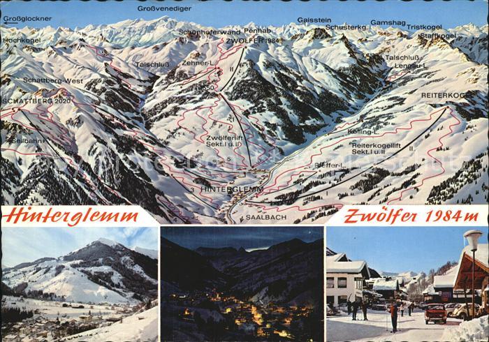 Hinterglemm Saalbach Panorama mit Skiabfahrten Zwoelferkogel Skidorf bei Nacht D