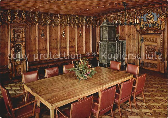 ueberlingen Bodensee Grosser Ratssaal Schnitzwerk Waschbecken und Gusseisenofen