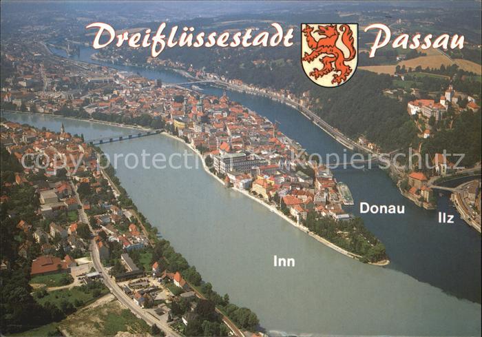PAssAU Bayern Zusammenfluss von Donau Inn und Ilz Fliegeraufnahme