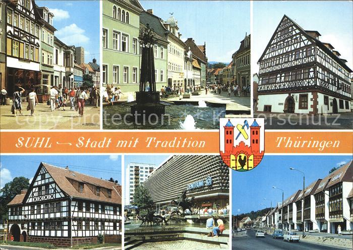 Suhl Thueringer Wald Steinweg Springbrunnen Rathaus Gaststaette Goldener Hirsch