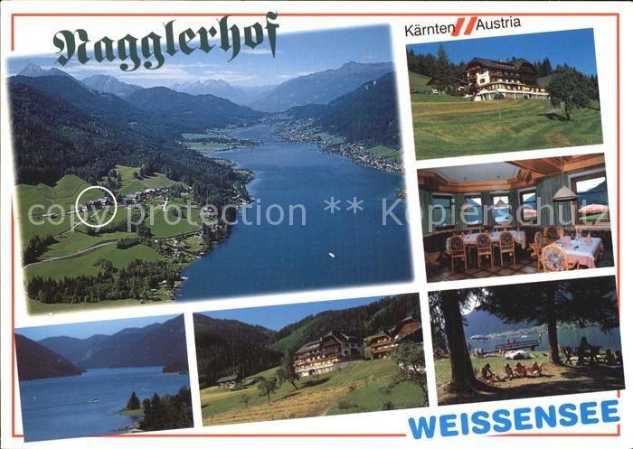 Weissensee Kaernten Fliegeraufnahme Ferienhotel Nagglerhof Gastraum Strand
