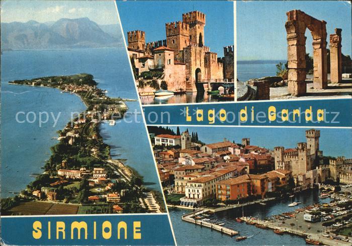 Sirmione Lago di Garda Fliegeraufnahme mit Burg und Hafen