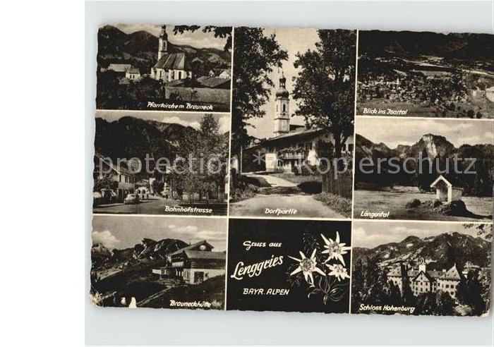 Lenggries Pfarrkirche Brauneck Bahnhofstrasse Berghuette Dorfpartie Isartal Laen