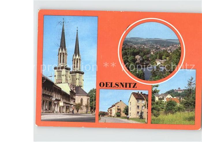 Oelsnitz Vogtland Adorfer Strasse Kirche Teilansicht Strasse des Friedens Schlos