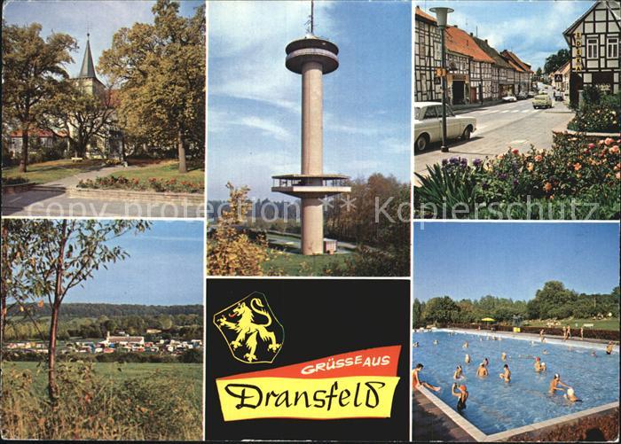 Dransfeld Gaussturm auf dem Hohen Hagen Dorfpartie Teilansicht Schwimmbad