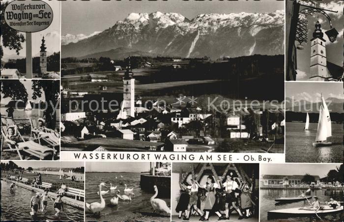 Waging See Wasserkurort  Kirche Boote Schwaene Trachtengruppe