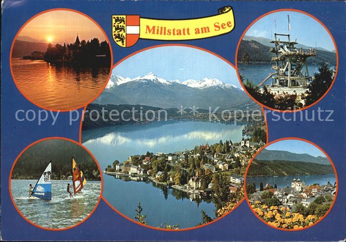 Millstatt Millstaettersee Sprungturm Abendstimmung Surfer Fliegeraufnahme