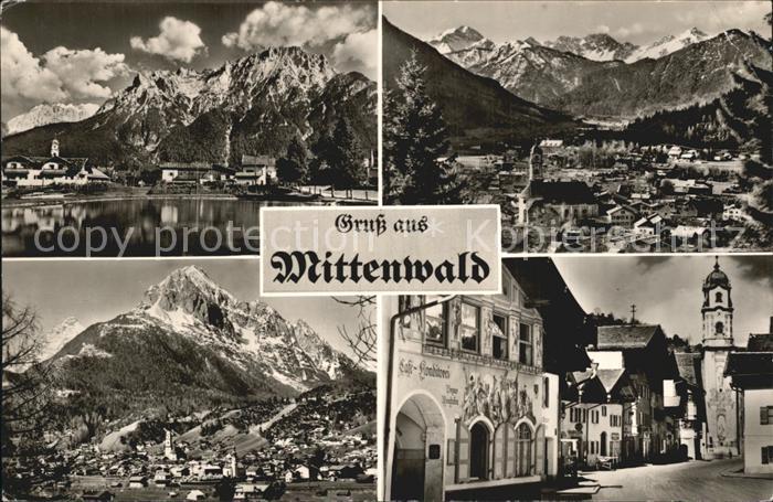 Mittenwald Bayern Gesamtansicht mit Alpenpanorama Strassenpartie Kirche Cafe Kon