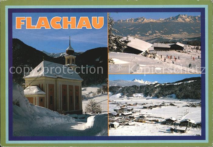 Flachau Kirche Wintersportplatz Gesamtansicht mit Alpenpanorama