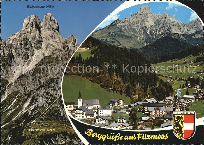 Filzmoos Ortsansicht mit Kirche Blick zur Bischofsmuetze Hofpuerglhuette Dachste