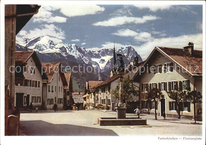 Partenkirchen Floriansplatz Brunnen Alpenblick