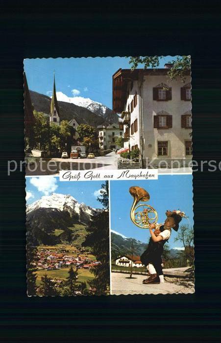 Mayrhofen Zillertal Hotel Neue Post mit Dorfplatz Gruenberg Posthorn Kind Tracht
