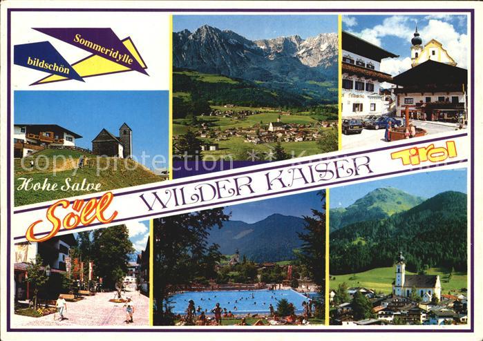 Soell Tirol Gesamtansicht mit Alpenpanorama Platz Brunnen Kirche Freibad Hohe Sa