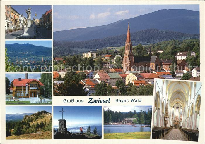 Zwiesel Niederbayern Gesamtansicht mit Kirche Bergkreuz See Brunnen