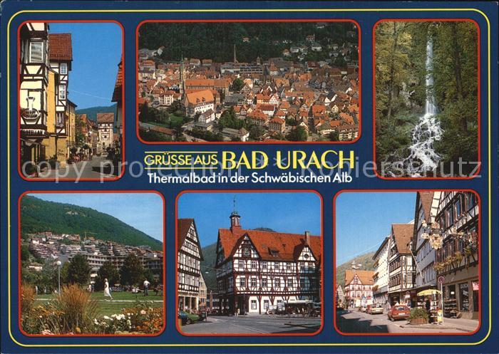Bad Urach Total und Teilansichten Fachwerkhaeuser Wasserfall
