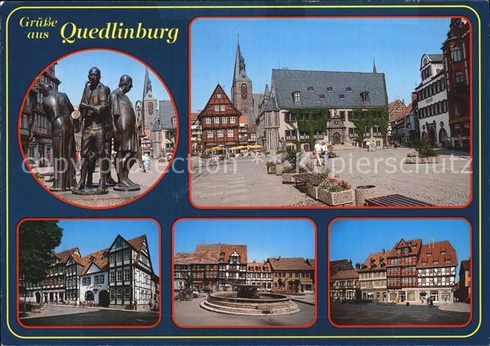 Quedlinburg Harz Skulptur Markt Kirche Fachwerkhaeuser Brunnen