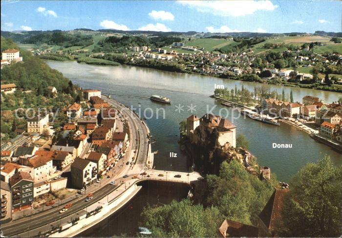 PAssAU Bayern Zusammenfluss von Donau Inn und Ilz Fliegeraufnahme