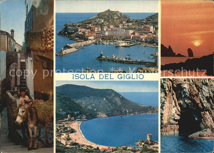 Isola del Giglio Dorfmotiv Packesel Fliegeraufnahme Strand Sonnenuntergang Grott