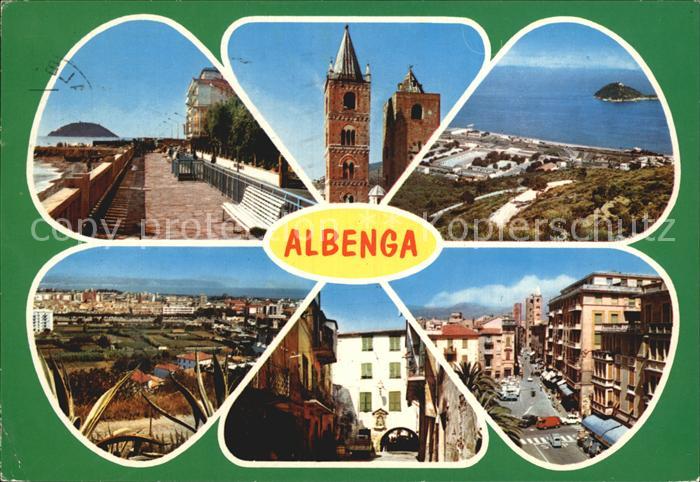 Albenga Promenade Kirche Strand Panorama Dorfmotiv