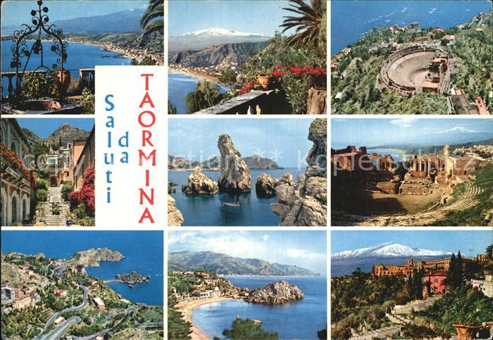 Taormina Sizilien Panorama Amphitheater Fliegeraufnahme Felsen Schloss