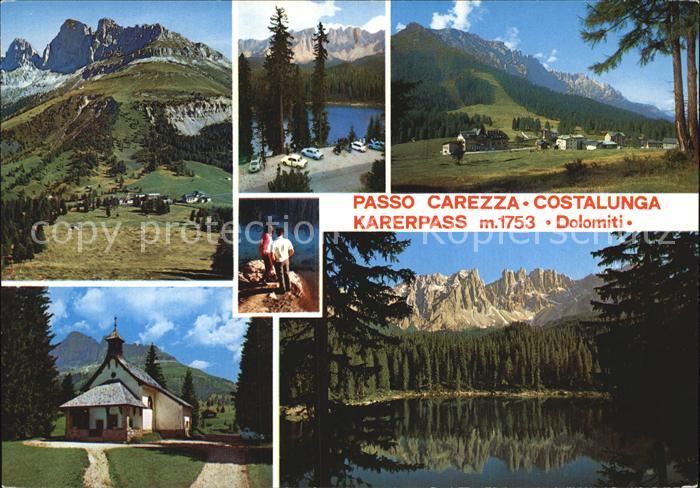 Karerpass Suedtirol mit Karersee Kapelle Panorama
