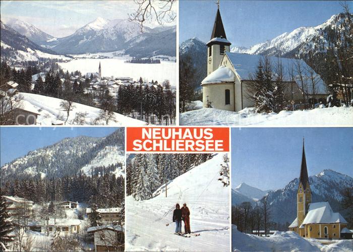 Neuhaus Schliersee Winterpanorama Alpen Kirche Skifahrer